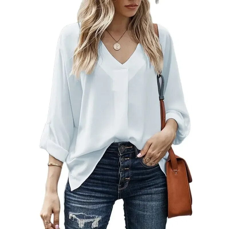 xakxx xakxx- Autumn Spring White Blouse Women Simple Long Sleeve V Neck Pullover Tops Casual Solid Womens Clothing