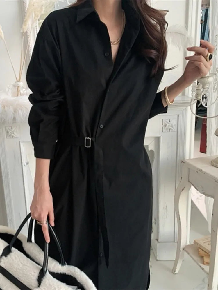 xakxx Spring Women Casual Sashes Shirt Dress Vintage A-Line Office Lady Elegant Dresses Female Midi Dress