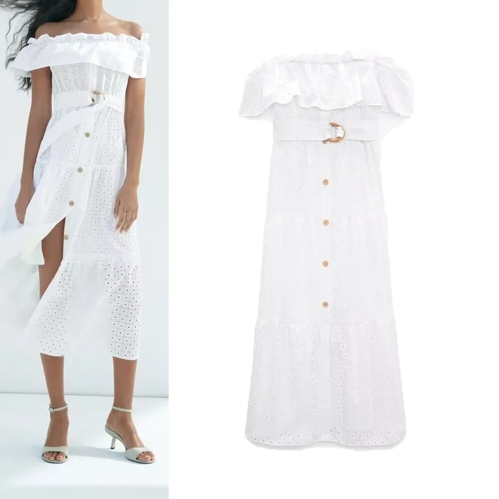 xakxx- New women's fashion casual vitality elegant same fabric belt white temperament hollow embroidery midi dress