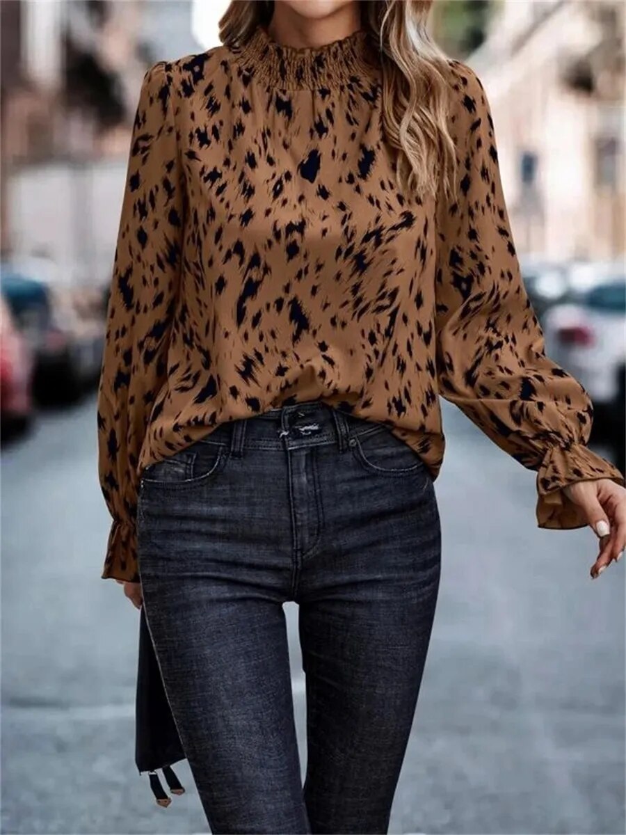 xakxx- 6 Color Polka Dot Printed Tops Ladies High Neck Long Sleeve T Shirt Office Lady Spring Autumn Fashion Blouses