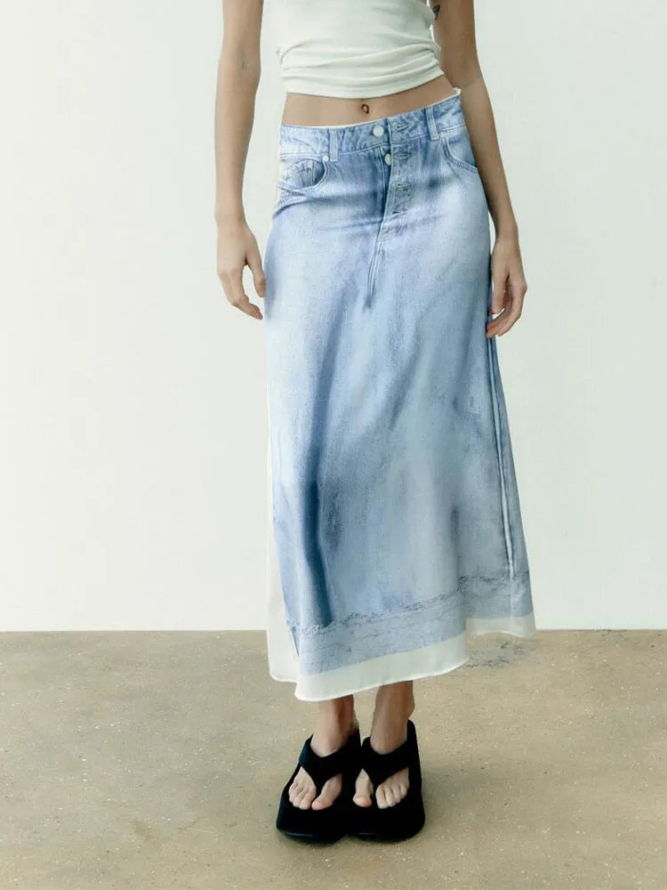 xakxx xakxx- New Women's High Waist Side Cowl Stitch Dark Zipper Closure Printed Silk Satin Skirt
