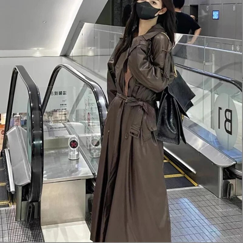 xakxx xakxx-Leather Long Trench Coat Women Autumn Fashion Loose Coffee PU Windbreaker Trench Coat For Women Plus Size