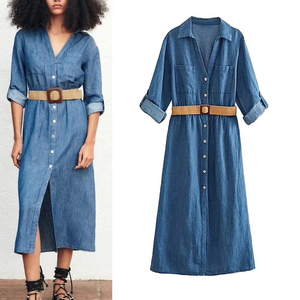 xakxx- New Women's Casual Chic Front Patch Pockets Front Button Closure Contrasting Belt Linen Blend Shirt Dress