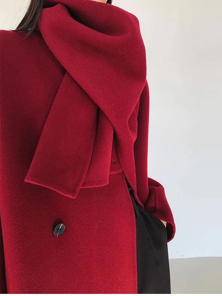 xakxx xakxx-New Fashion Scarf Collar Warm Double-sided Wool Coat Loose Women Fashion Double-breasted Long Woolen Coat Female Clothing Autumn