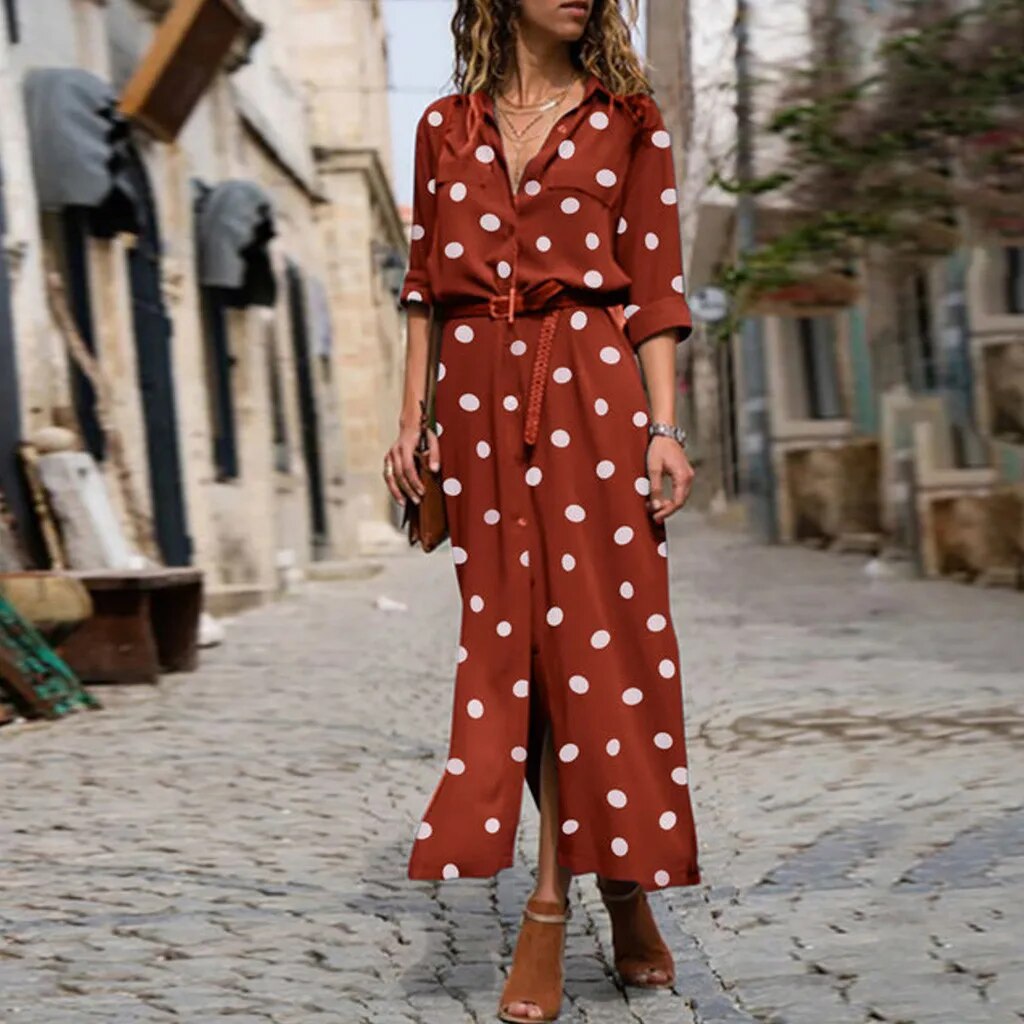 xakxx- Classic Polka Dot Dress Women Polo Neck Long Sleeve Buttons Dresses Office Lady Casual Dot H Feminino Vestidos Robes