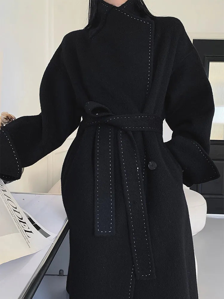 xakxx-New Women Simple Arch Needle Doulbe-sided Wool Coat Loose Long Lapel Lace-up Fashion Woolen Jacket Warm Outerwear Autumn Winter