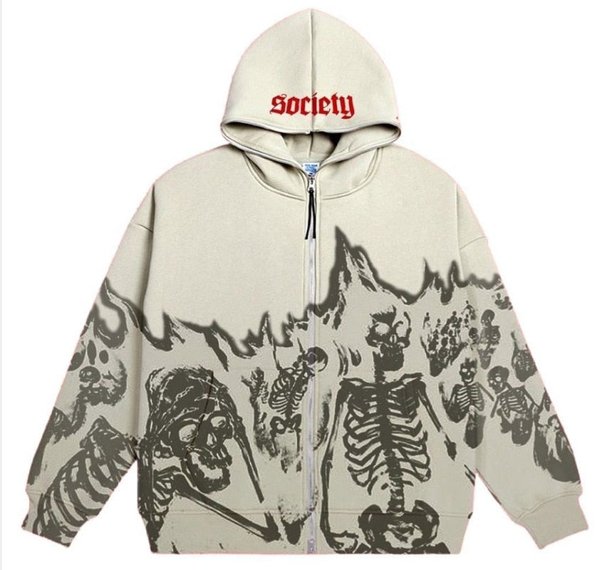 xakxx Vintage Printed Hoodies High Street Zip Up Hooded Sweatshirt Jacket Harajuku Goth Oversized Autumn Winter Streetwear Hoodie Tops