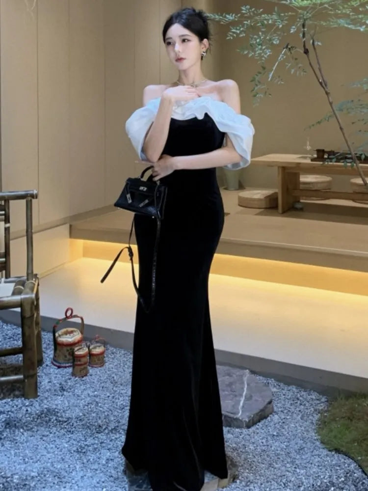 xakxx Women Sexy Off Shoulder Party Dress New Slim Waist French Patchwork Elegant Lady Maxi Fashion Solid A-line Vestidos Mujers