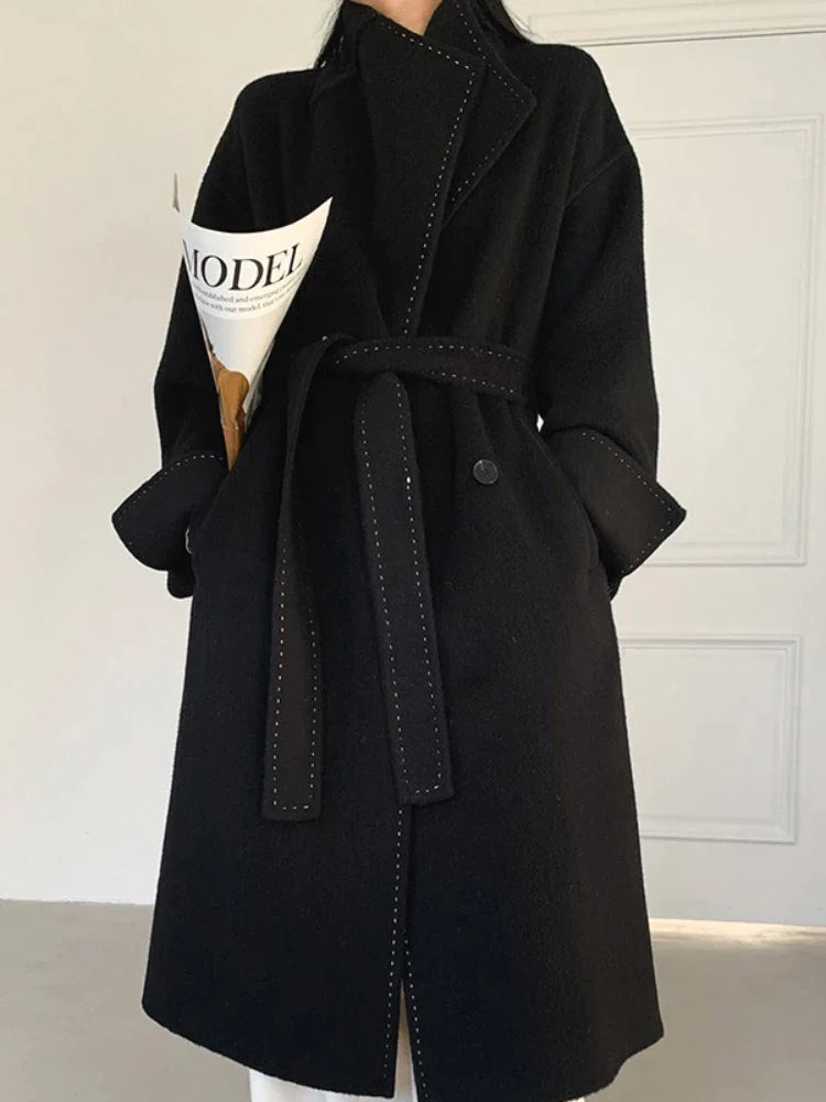 xakxx-New Women Simple Arch Needle Doulbe-sided Wool Coat Loose Long Lapel Lace-up Fashion Woolen Jacket Warm Outerwear Autumn Winter