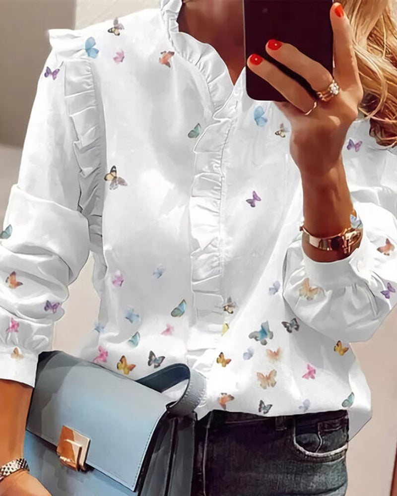 xakxx xakxx Autumn outfits Women Elegant Fashion Butterfly Print Blouses Top Ruffled Trim Casual Long Lace Sleeve Blouse