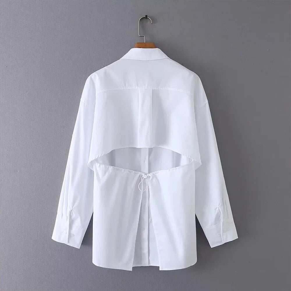 xakxx xakxx - New Women's temperament fashion casual casual sexy white backless design lapel long-sleeved poplin shirt