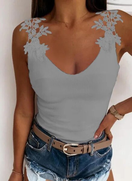 xakxx- Lace Petal Tank Top Solid Color Ladies T-Shirt Women Oversize Hollow sleeveless V-Neck Slim Casual Tops Tee Tunic