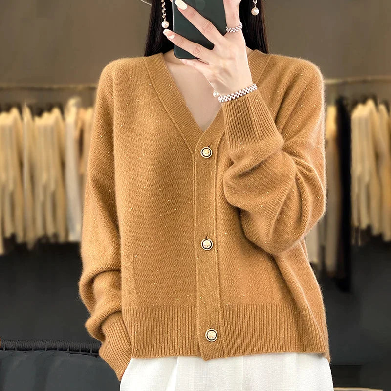 xakxx-New women's 100% pure cashmere grain with thick wool cardigan with golden bean yarn New Year's dress