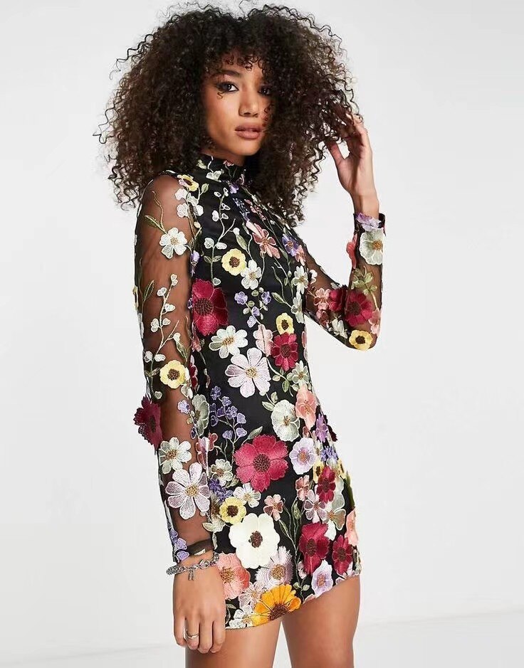 xakxx Spring Chic Female High-quality Party Dresses Fashion Flower Embroidery Mini Dress Women Elegant Long Sleeve Applique Vestidos