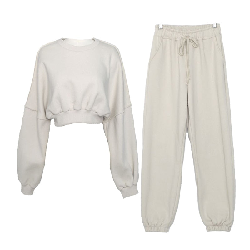 xakxx Women Pullover Hoodies Sweatshirts Suit Winter Spring Solid Casual Tracksuit Fleece 2 Pieces Set Sweatpants Quality Outfits