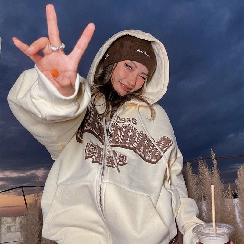 xakxx Vintage Oversized Hoodies Women Letter Printing Zip Up Sweatshirts Streetwear Casual Long Sleeve Hooded Sweatshirt Clothes Top
