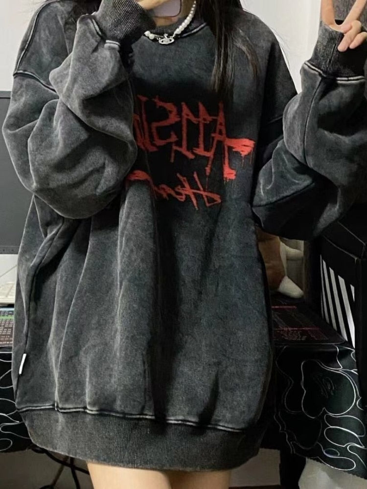 xakxx Emo Gothic Print Oversized Sweatshirts Women Harajuku Vintage Loose Hoodies Long Sleeve Crewneck Pullovers Female Tops