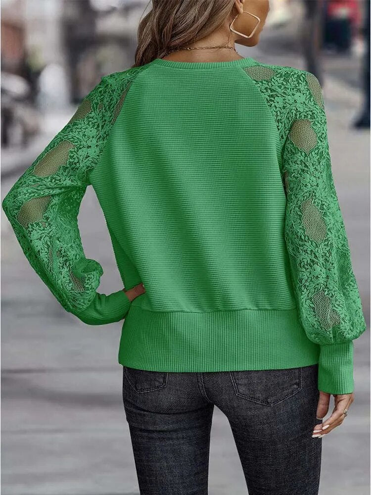 xakxx xakxx- Women Solid Lace Patchwork Tops V-Neck Long Sleeve See-Through T-Shirt Spring Autumn Female Casual Pullover