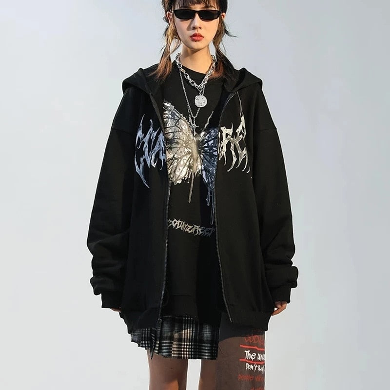 xakxx Hip Hop Oversize Women Hoodies Autumn Streetwear Butterfly Print Black Sweatshirt Harajuku Zip Up Goth Punk Female Jacket Hoodie
