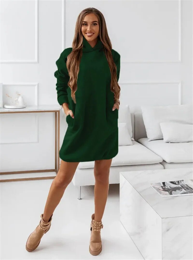 xakxx- Fashion Hooded Mini Dresses Women Pocket Sweatshirts Casual Dress Female Autumn Winter Solid Color Long Sleeve Vestido