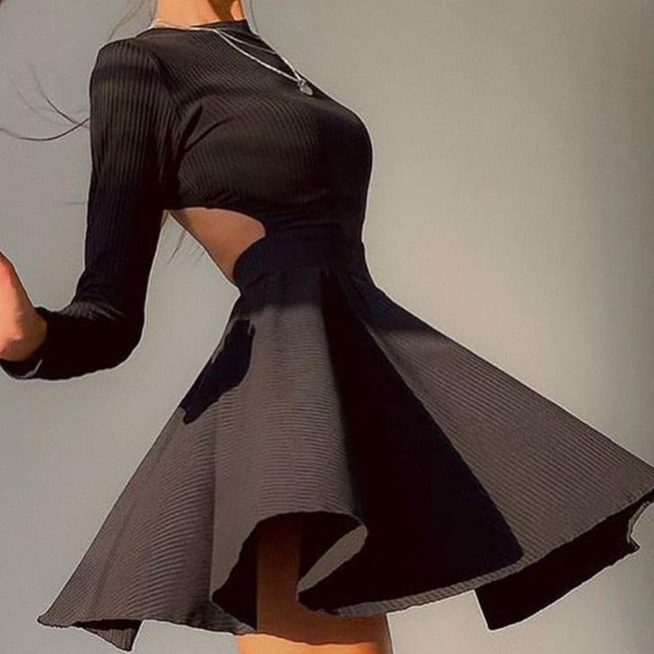 xakxx Spring Long Sleeve Solid Dress Girl A-line Pleated Skirt Prom Party Dance Clothes French Hollow Backless Dress for Women