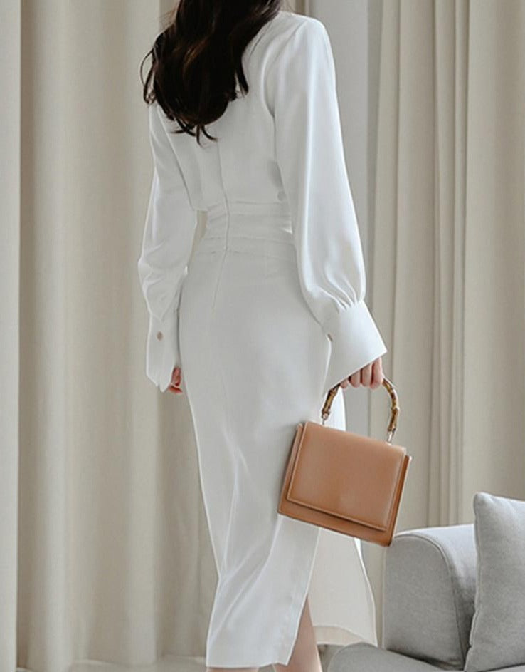 xakxx Women Chic Design Midi Dress Elegant Casual Office Lady High Wasit Fashion Slim Long Sleeve Slit Dress