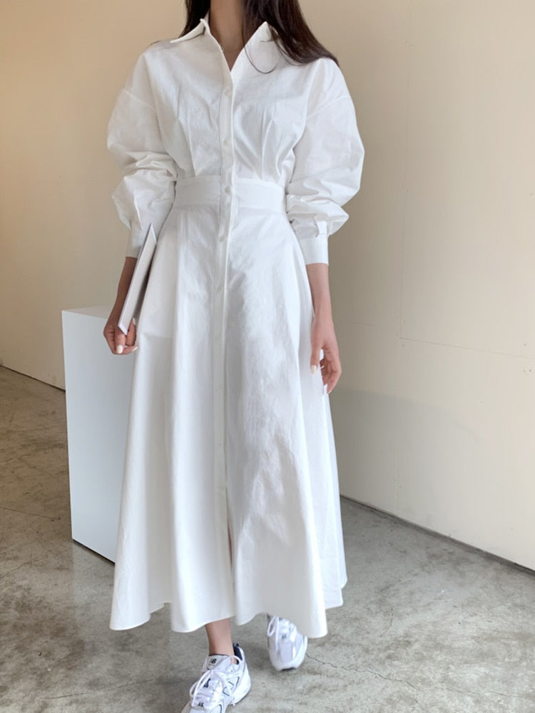 xakxx Spring Elegant Office Lady Vintage Office Puff Sleeve Shirt Dress Women Casual Single-Breasted A-Line Dresses