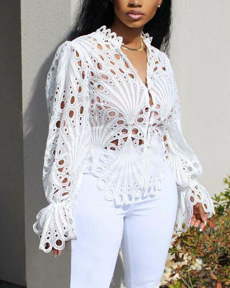 xakxx Women White Lace V Neck Hollow Out T-Shirts Long Sleeve Blouse Eyelet Embroidery Button Front Bell Sleeve Tops