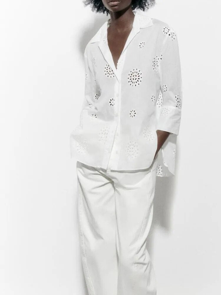 xakxx xakxx- New Women's Side Split Asymmetric Hem Front breasted Closed Cut Out Embroidery Shirt