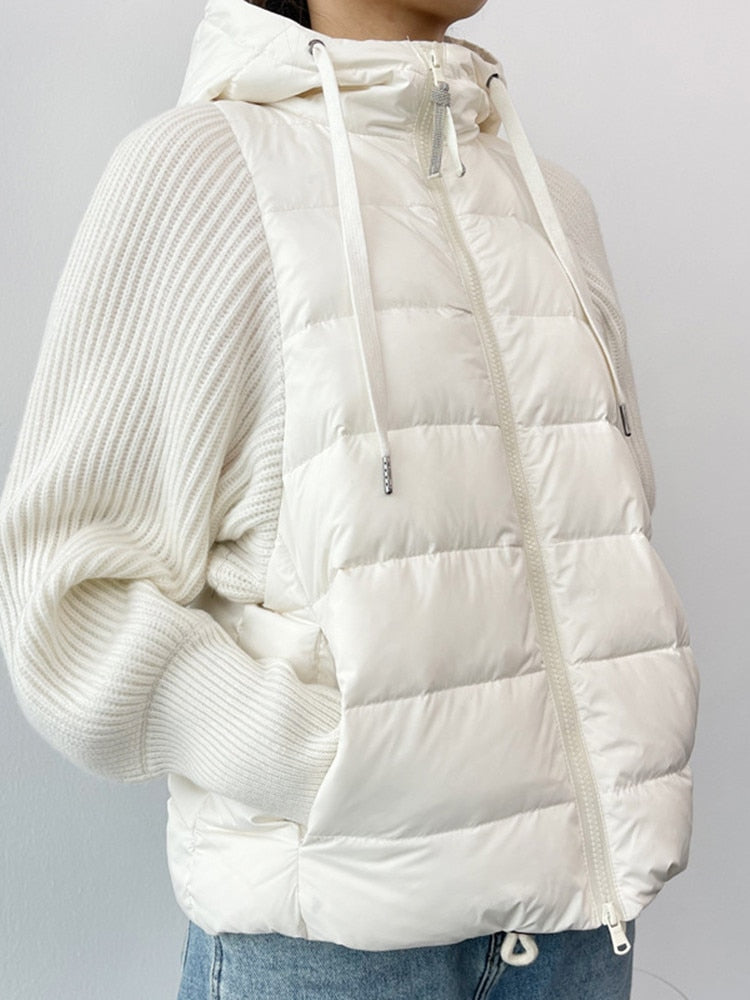 xakxx Women Knit Stitcing Hooded Down Coat Fashion Autumn Winter Female Long Sleeve Drawstring Zipper Jacket