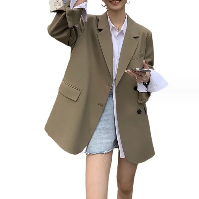 xakxx xakxx-Black Blazer Coat Women Autumn New Fashion Loose Causal Khaki Blazer Coat For Women Plus Size XL