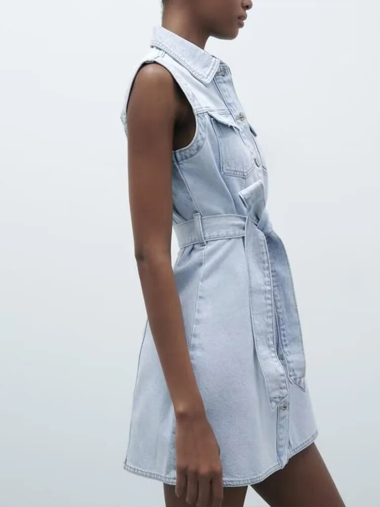 xakxx- New women's clothing, temperament, fashion, casual fashion, all-match denim dress with the same fabric bow belt and belt