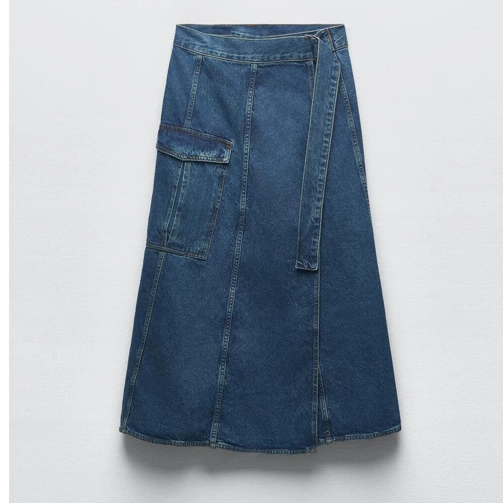xakxx xakxx - spring new women's wrap-around type design high waist open casual hundred with belt work secti on denim skirt