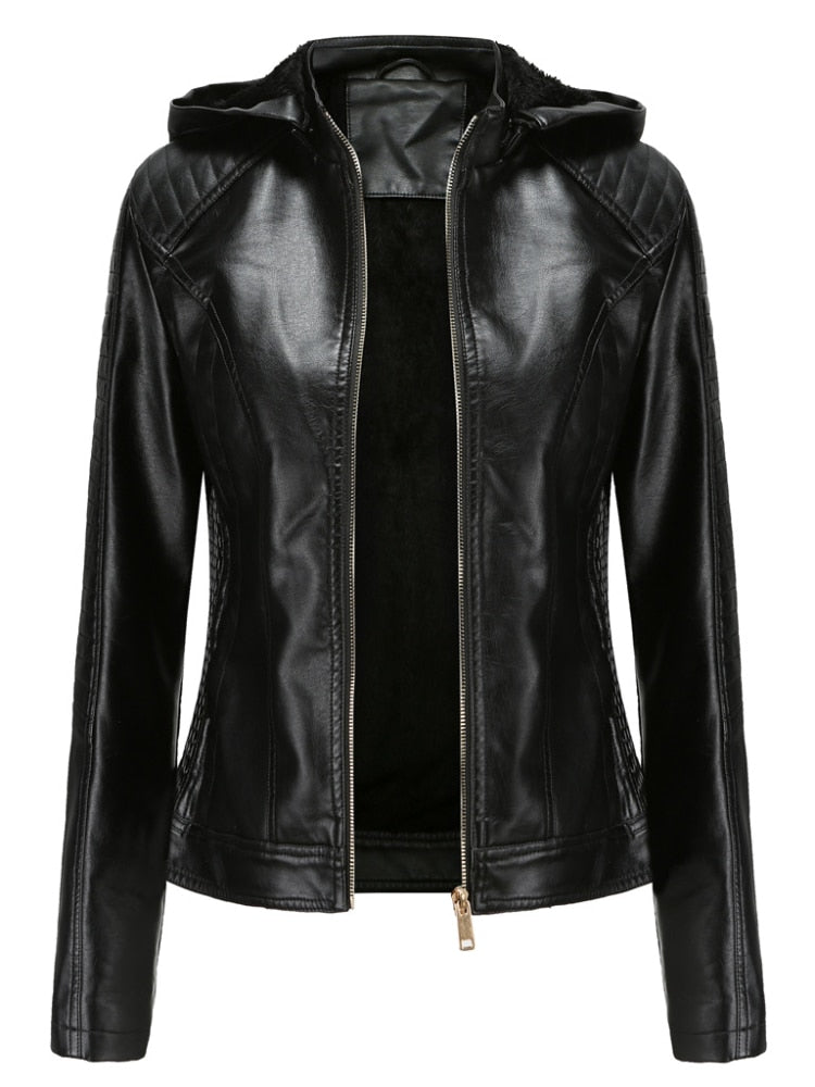 xakxx Black Leather Jackets for Women New Winter Warm Korean Fashion PU Zipper Plush Hooded Vintage Streetwear Clothes Coat Women