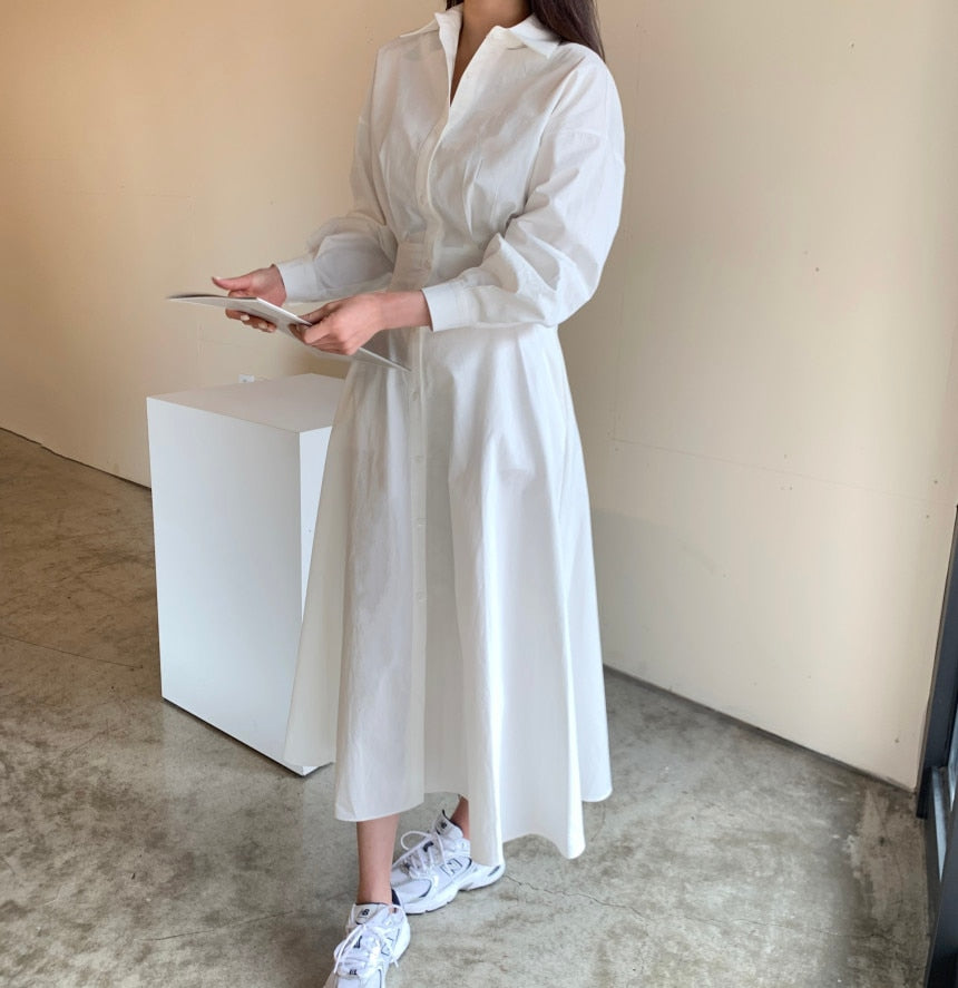 xakxx Spring Elegant Office Lady Vintage Office Puff Sleeve Shirt Dress Women Casual Single-Breasted A-Line Dresses