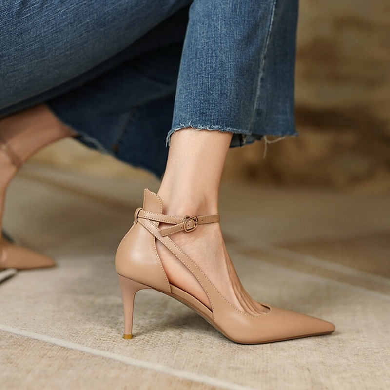 xakxx Summer/Spring Women Shoes Pointed Toe Thin Heel Sandals Solid High Heels Elegant Cow Leather Shoes For Women Party Shoes