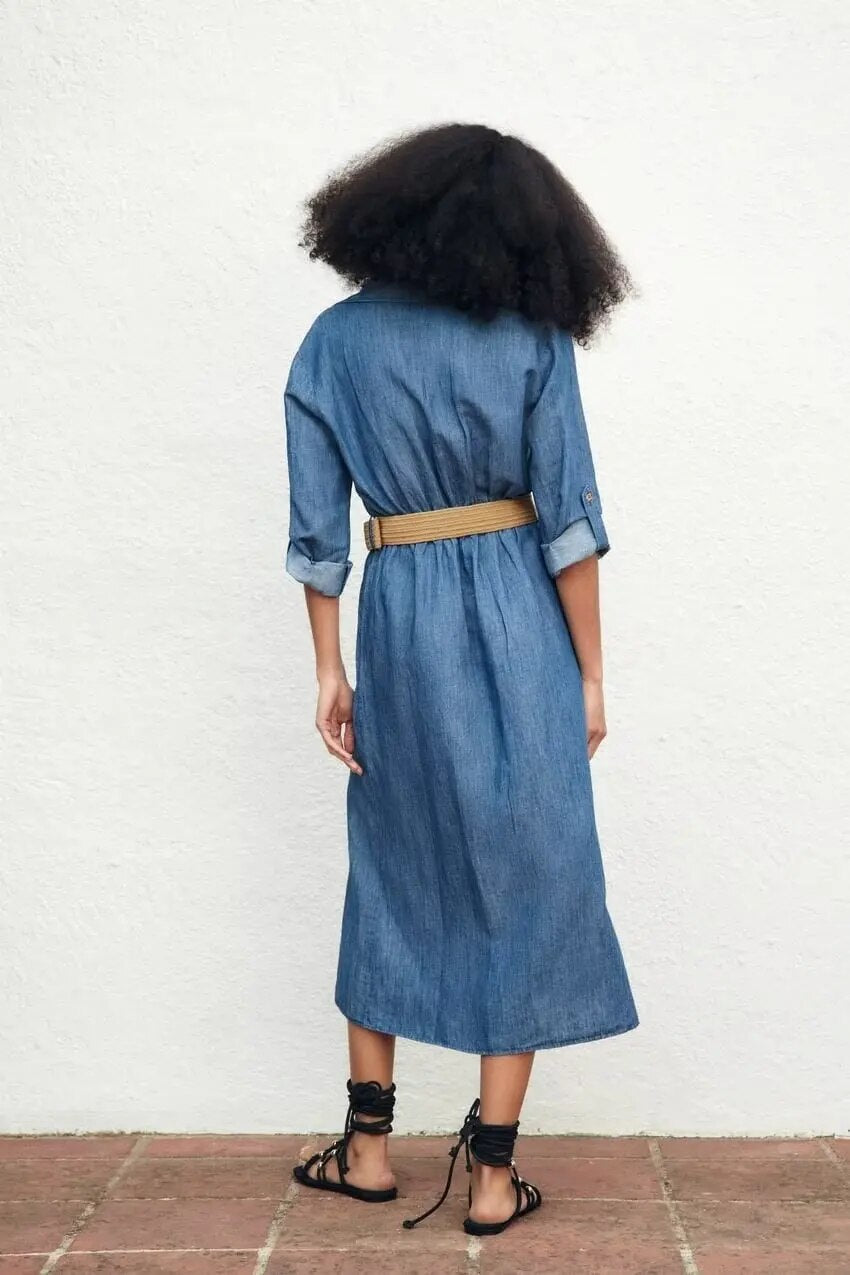 xakxx- New Women's Casual Chic Front Patch Pockets Front Button Closure Contrasting Belt Linen Blend Shirt Dress