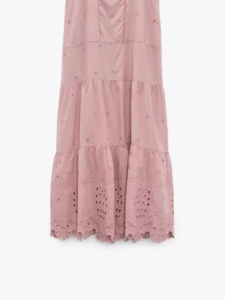 xakxx- New women's style temperament fashion casual all-match sexy slim Ruili sweet hollow embroidery dress