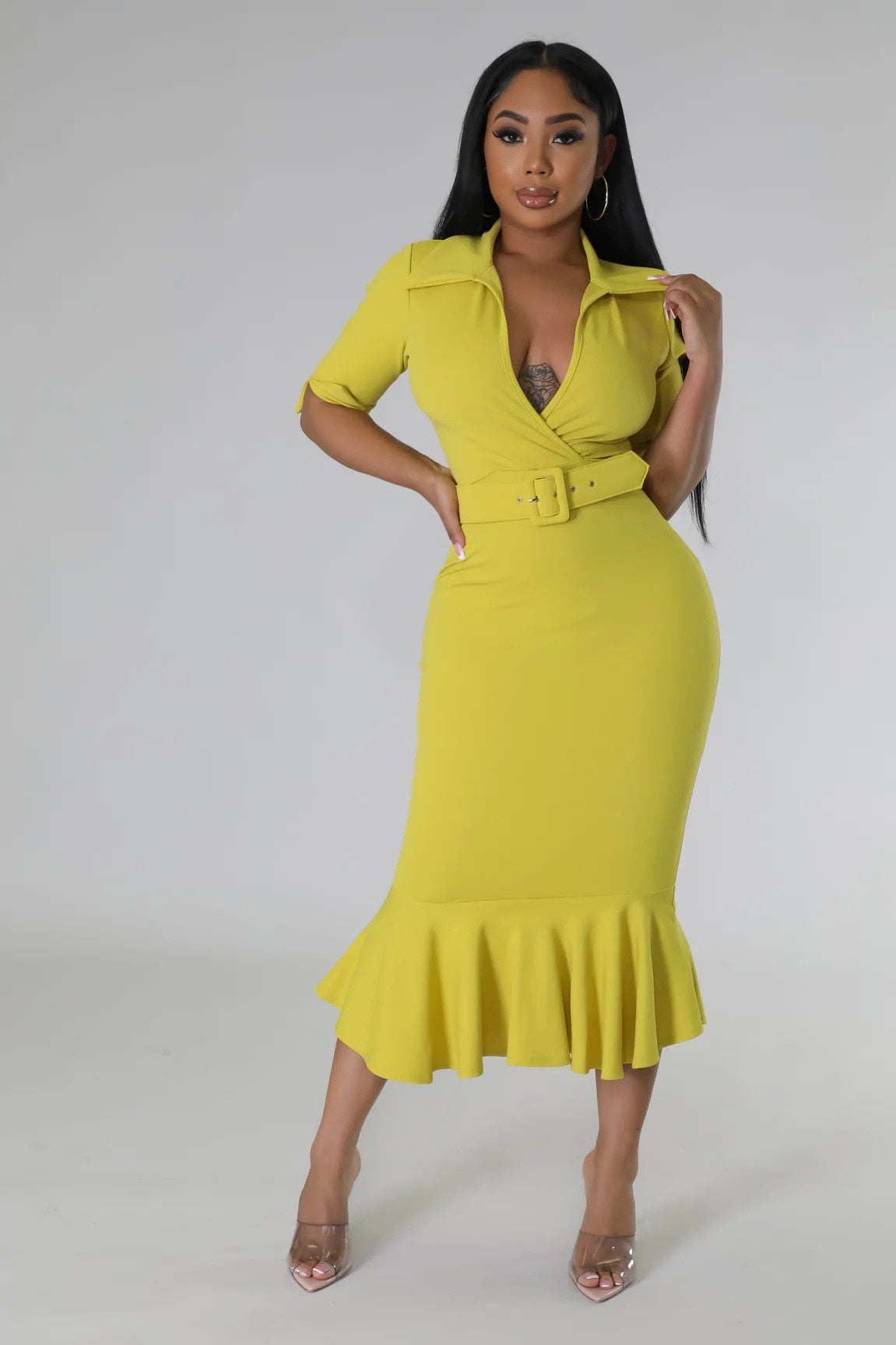 xakxx Women's Formal Dress POLP Collar Elegant Ruffle trim Women's Fashion Casual Belt Evening Dress For Women
