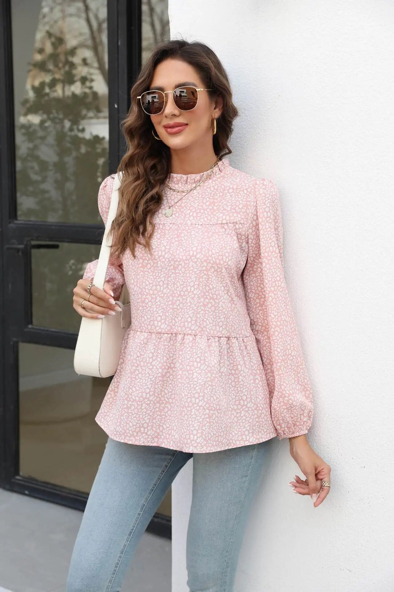 xakxx- vintage Floral Printed A-Line Blouse Women Round Neck Long Sleeve T Shirt OL Spring Autumn Fashion Tops