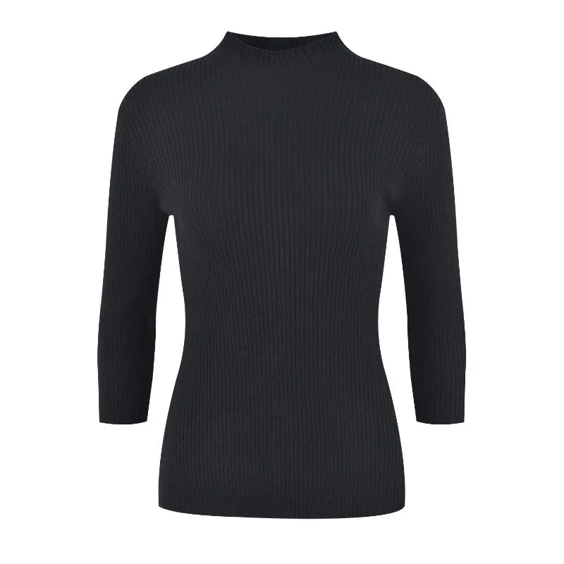 xakxx xakxx Fall Female Clothing Half High Neck Seven Sleeve Sweater Women's Slim Knit Bottom Shirt Top