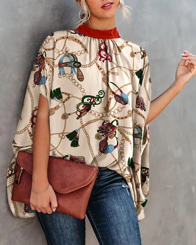 xakxx- Elegant Bat Sleeve Blouse Lady Large Size High Collar Half Sleeve t Shirt Female Autumn Party Evening Clothing