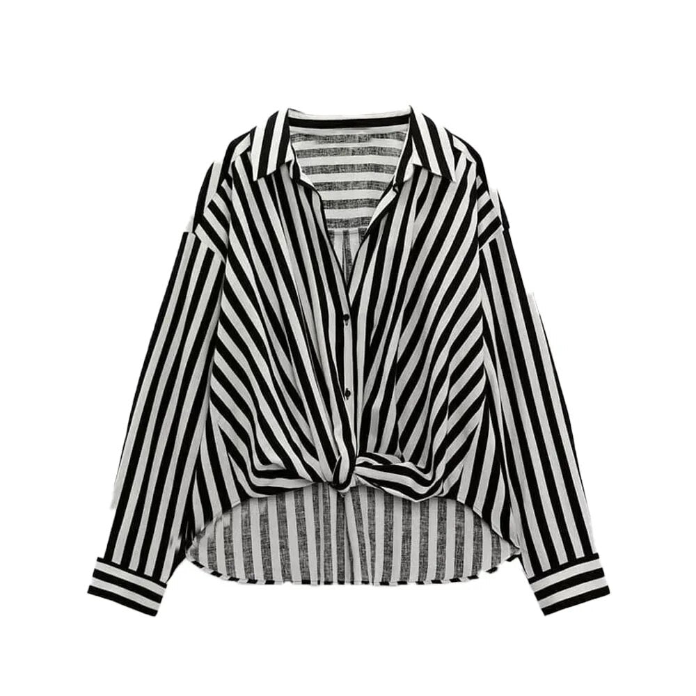 xakxx xakxx - New women's long-sleeved lapel V-neckline Front design with knot decoration Front breasted closure Linen blend stripe shirt