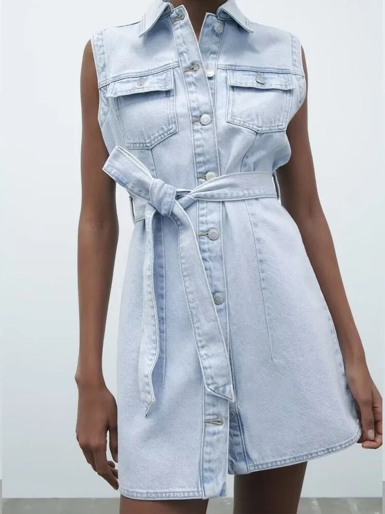 xakxx- New women's clothing, temperament, fashion, casual fashion, all-match denim dress with the same fabric bow belt and belt