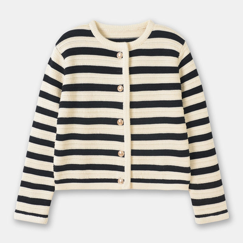 xakxx Women Single Breasted Striped Cardigan Jacket O-Neck Long Sleeve Casual Slim Short Knitted Coat for Ladies Spring