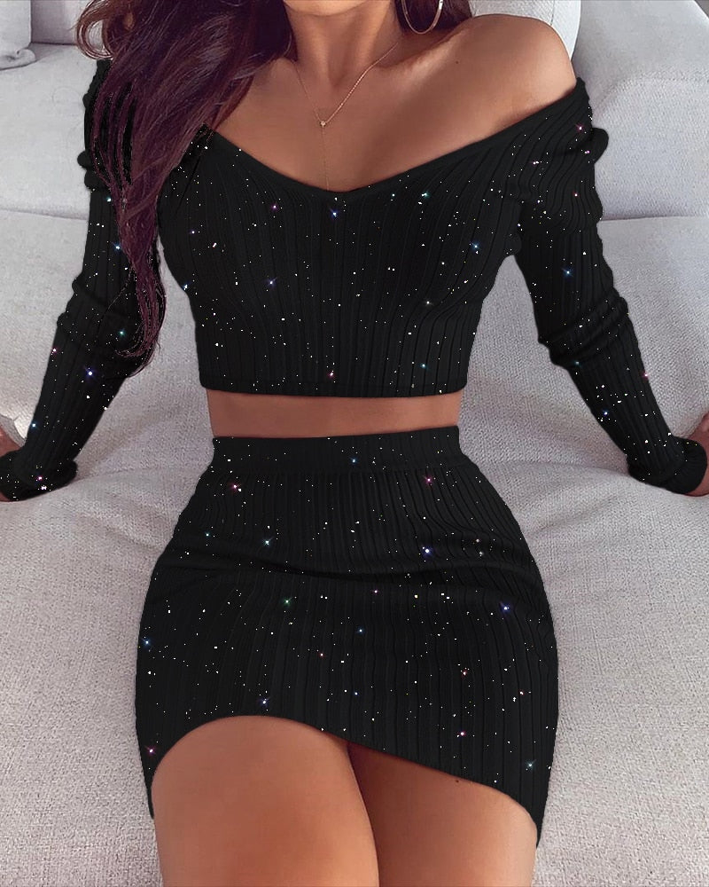 xakxx Back to School Spring Fashion Women Sexy Casual Two-Piece Set Suit Sets Bodycon Dress Glitter Off Shoulder Crop Top & Skirt Sets
