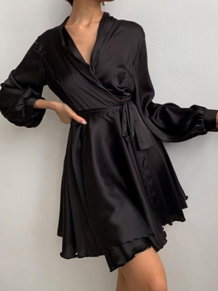 xakxx Sexy Satin Sashes A Line Mini Dress Lantern Sleeve Elegant Party Dress Spring Fashion Women's Clothing Streetwear Vestidos