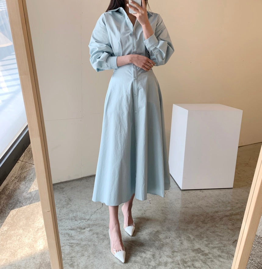 xakxx Spring Elegant Office Lady Vintage Office Puff Sleeve Shirt Dress Women Casual Single-Breasted A-Line Dresses