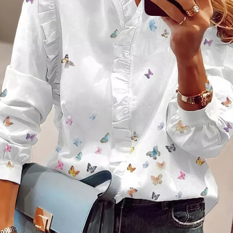 xakxx xakxx Women Elegant Fashion Butterfly Print Blouses Top Ruffled Trim Casual Long Sleeve Blouse