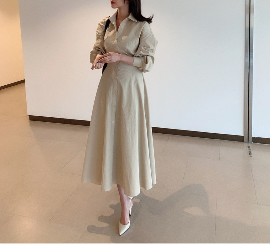 xakxx Spring Elegant Office Lady Vintage Office Puff Sleeve Shirt Dress Women Casual Single-Breasted A-Line Dresses